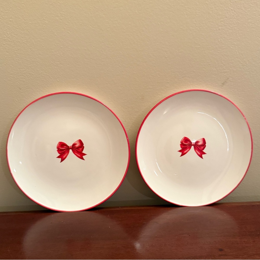 New! Set of 2 Red Bow Ceramic Plates, 6” diameter, by Makery, Valentine’s Day